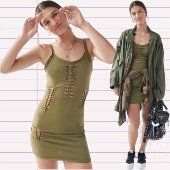 Urban Outfitters UO Slit Cut Out Macrame Mini Dress Olive Army Green New Medium - Picture 1 of 16